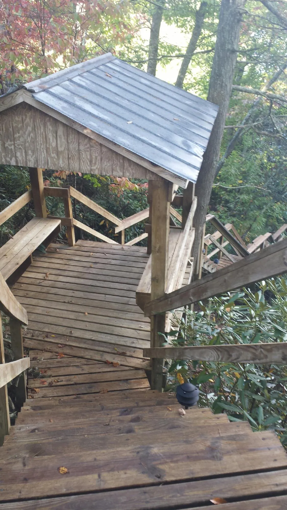 Metal roofed shelter over wooden steps on a wooded walkway — Skylight Repair & Installation work by our crew in Woodway
